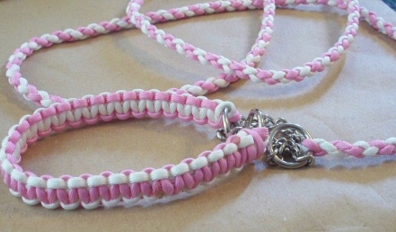 Pink and white spiral lead with flat braided collar